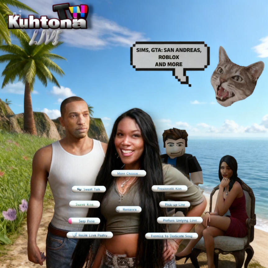 KuhtonaTv Live Flyer KuhtonaTv flyer for streaming platforms, options including but not limited to games like "GTA: SAN ANDREAS, ROBLOX, AND MORE". Franklin, steve face roblox noob avatar, bella goth. Background: palm trees in tropical setting.